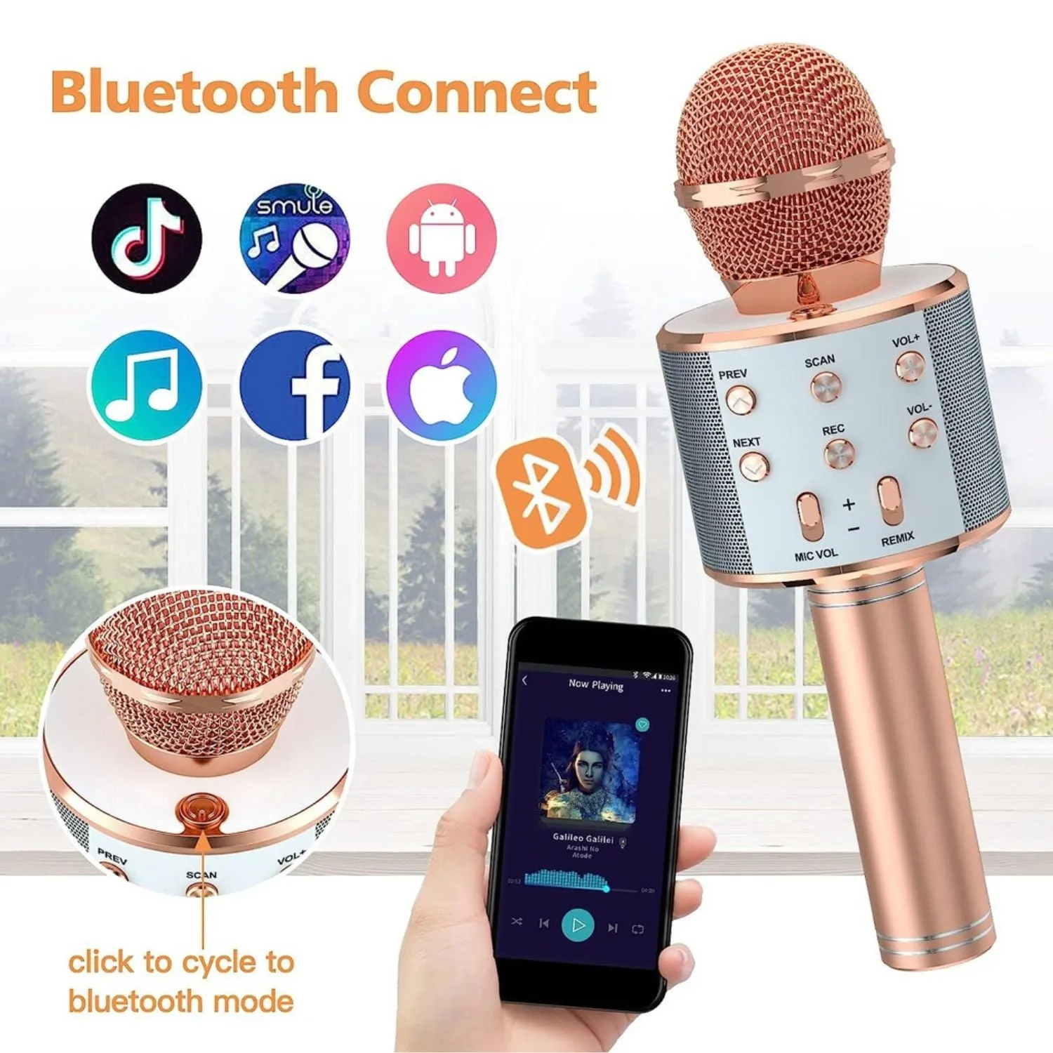 4-in-1 Wireless Bluetooth Karaoke Mic, Recorder, TF Card, Rose Gold