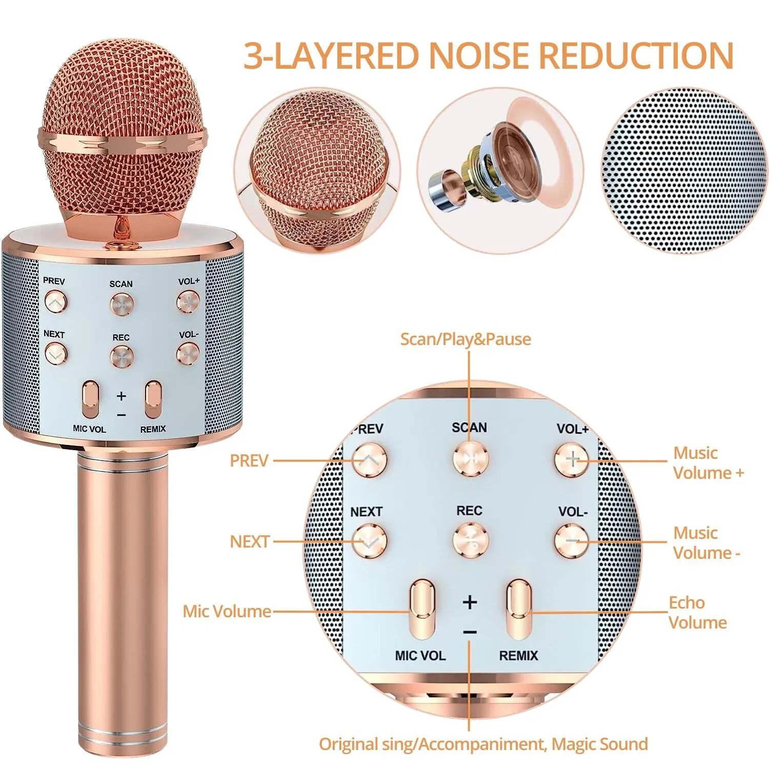 4-in-1 Wireless Bluetooth Karaoke Mic, Recorder, TF Card, Rose Gold