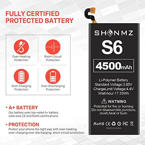 4500mAh Galaxy S6 Battery Replacement Kit, SHENMZ Internal Li-Polymer Replacement EB-BG920ABE Battery for Samsung Galaxy S6 G920V G920A G920T G920P