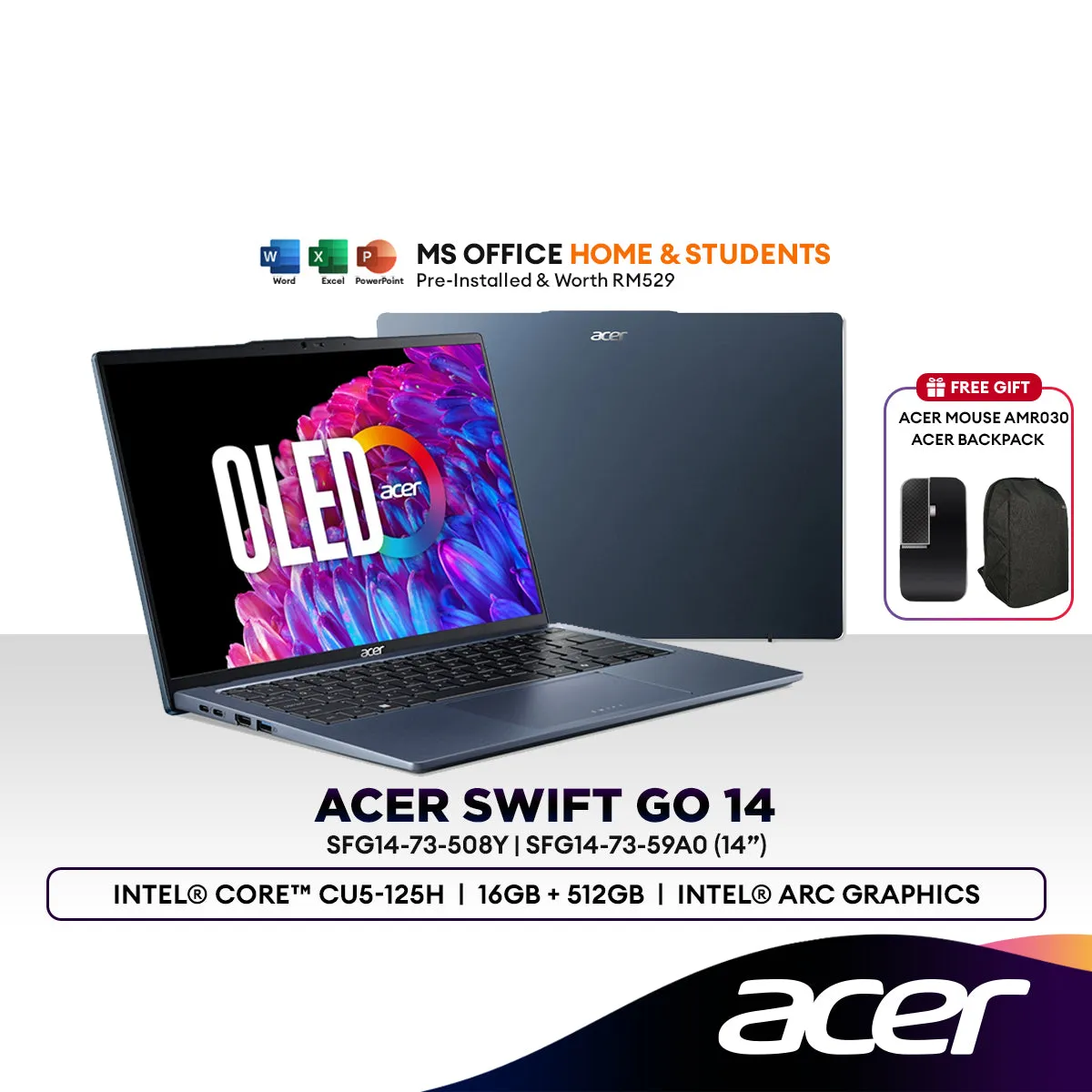 Acer Swift Go 14 SFG14-73-508Y/59A0 14" Laptop (Intel® Core™ CU5-125H | 16GB | 512GB SSD | Intel® ARC Graphics)