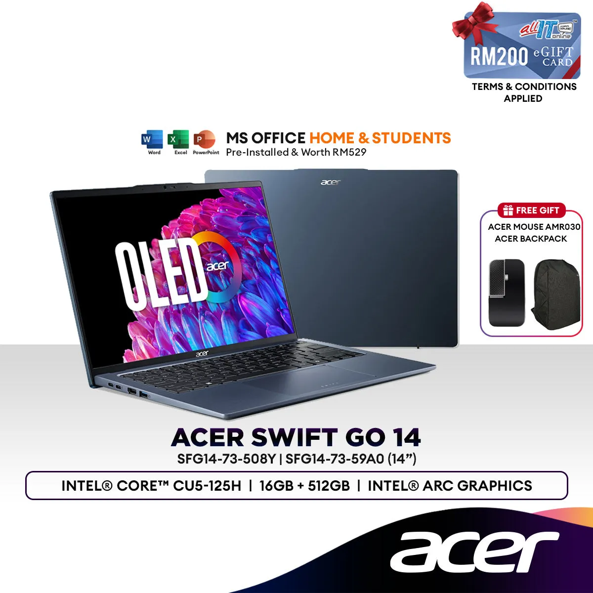 Acer Swift Go 14 SFG14-73-508Y/59A0 14" Laptop (Intel® Core™ CU5-125H | 16GB | 512GB SSD | Intel® ARC Graphics)