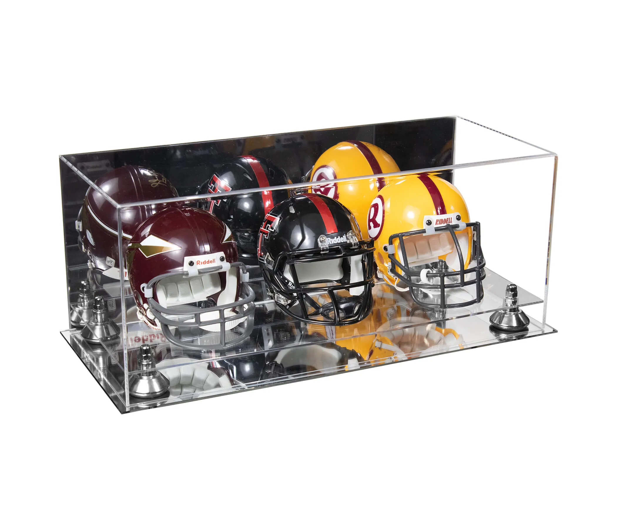 Acrylic Three Mini - Miniature Football Helmet (not Full Size) Display Case - Mirror No Wall Mount (V47/A103)