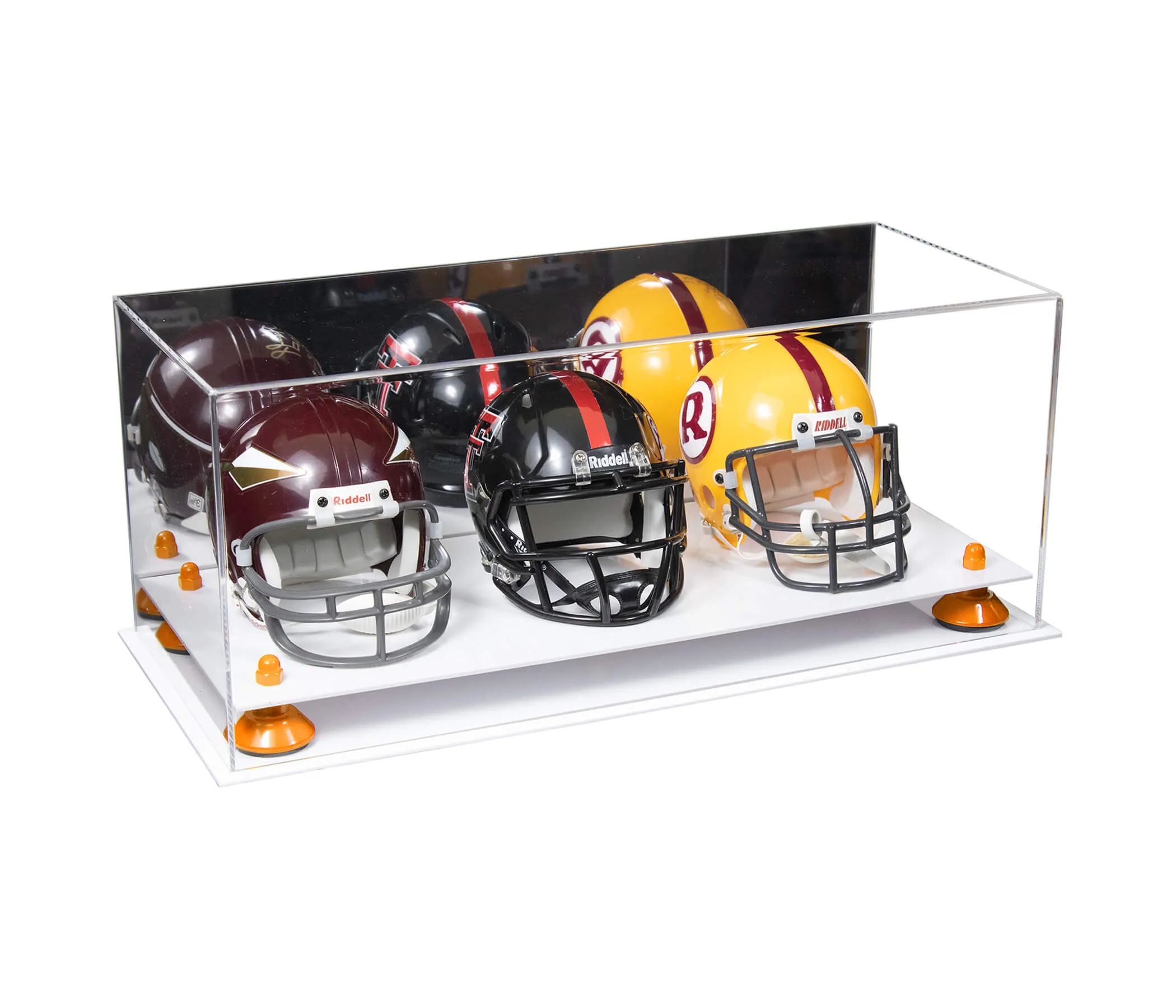 Acrylic Three Mini - Miniature Football Helmet (not Full Size) Display Case - Mirror No Wall Mount (V47/A103)