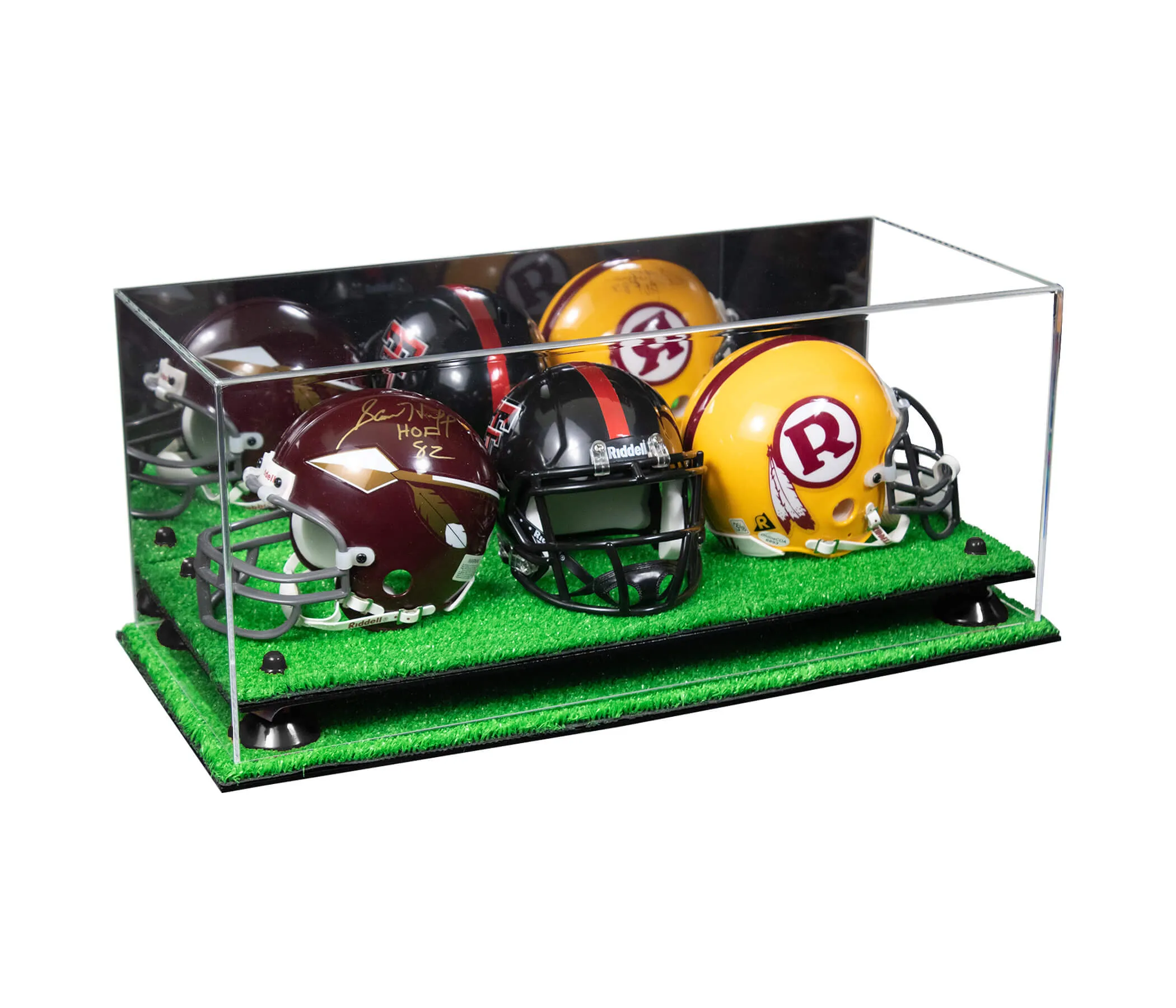 Acrylic Three Mini - Miniature Football Helmet (not Full Size) Display Case - Mirror No Wall Mount (V47/A103)