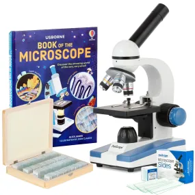 AmScope M150 Series Portable Student Monocular Compound Microscope 40X-1000X Magnification with LED, 100 Prepared Slides, 50 Blank Slides and Microscope Book