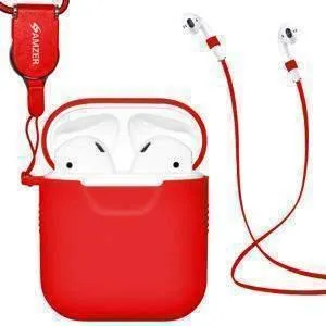 Amzer Silicone Skin Jelly iPhone Case with Airpod Strap & Neck Lanyard - Red