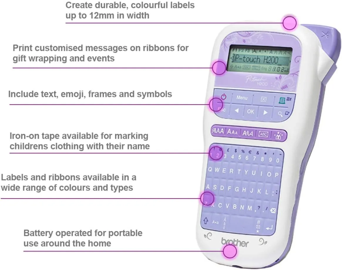 Brother PT-H200 P-Touch Craft Label Maker, Handheld, QWERTY Keyboard, 12mm Labels, Includes Gold on White Tape (12mm), White/Violet