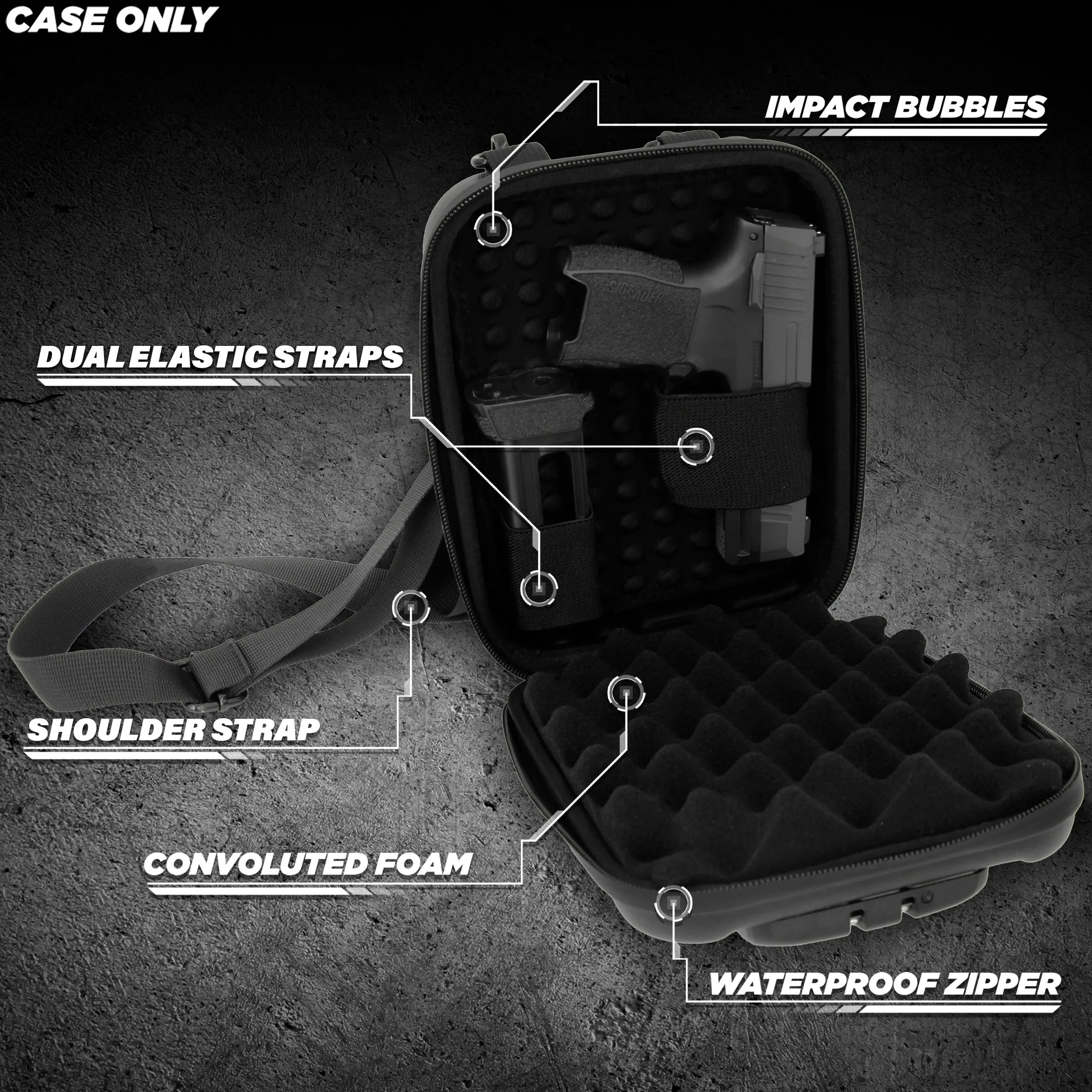 CASEMATIX Concealed Carry Locking Pistol Case Fits 9mm Pistols and Extra Mag - Portable EVA Handgun Case Water Resistant Gun Bag and Shoulder Strap