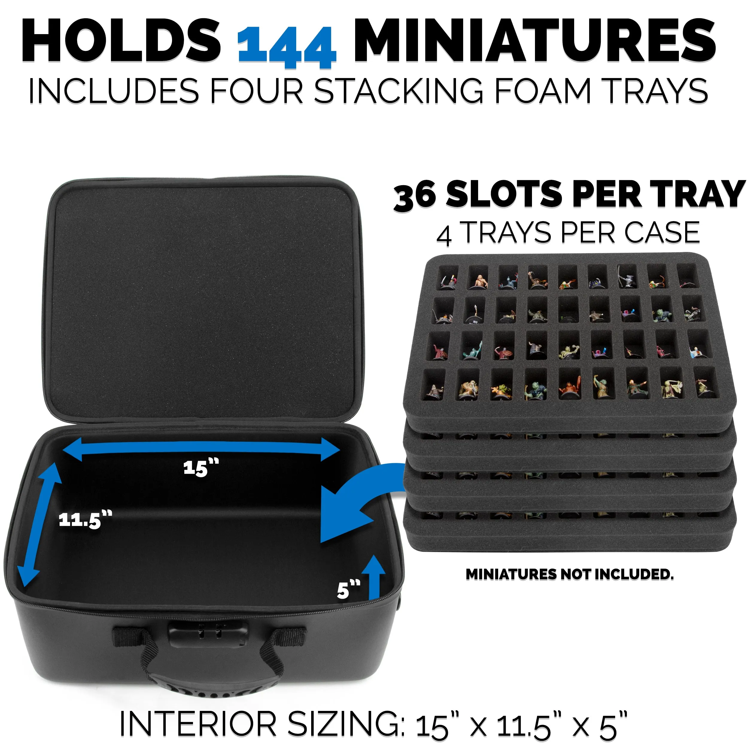 CASEMATIX Miniature Carrying Case with Programmable Lock - 144 Slot Miniature Storage Case with Four Foam Trays For Minis, Shoulder Strap and More!