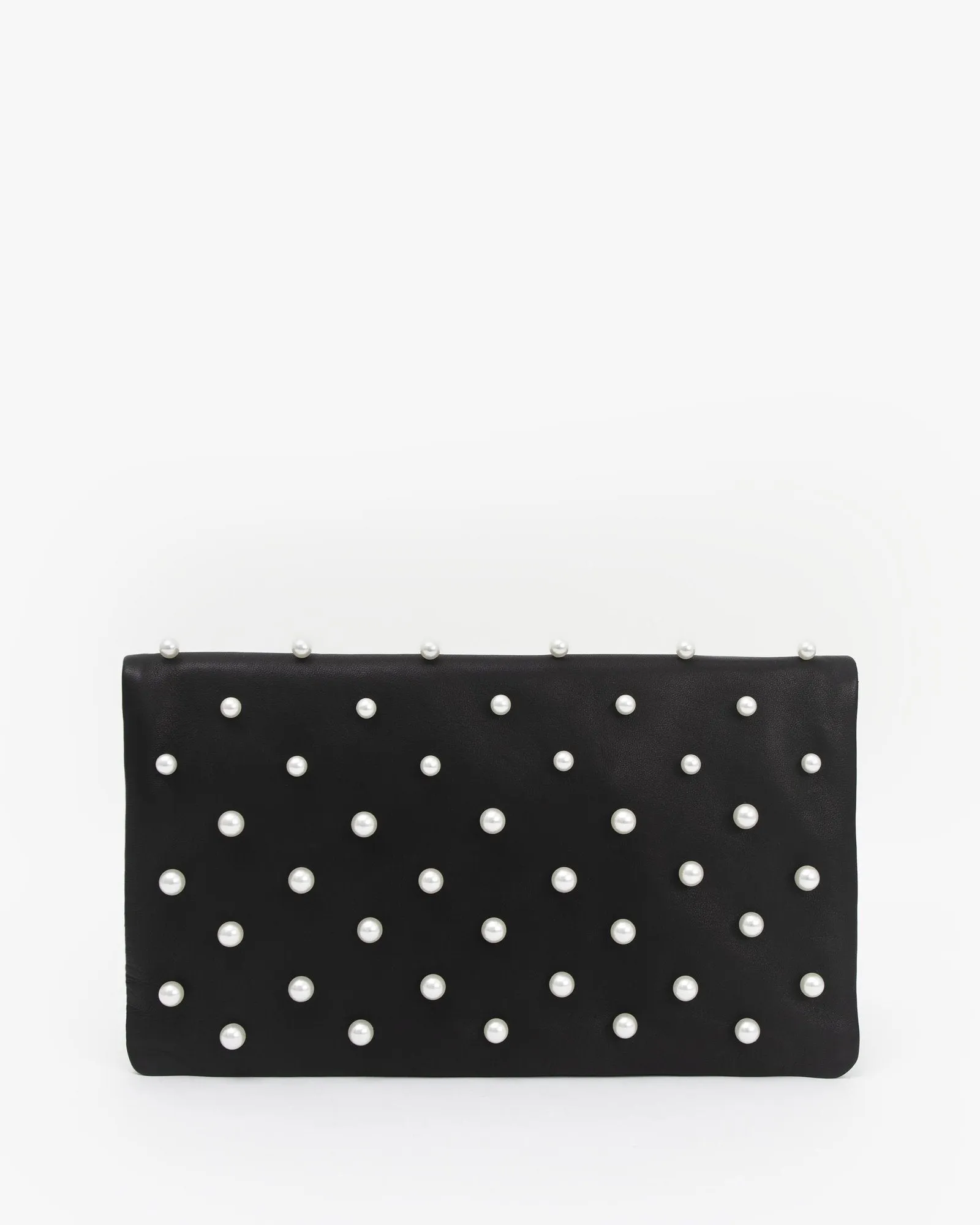 Clare V. - Foldover Clutch w/ Tabs in Black Italian Nappa w/ Pearls