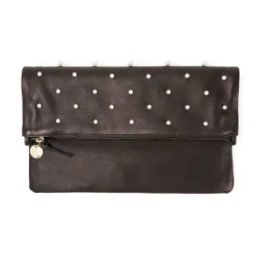 Clare V. - Foldover Clutch w/ Tabs in Black Italian Nappa w/ Pearls