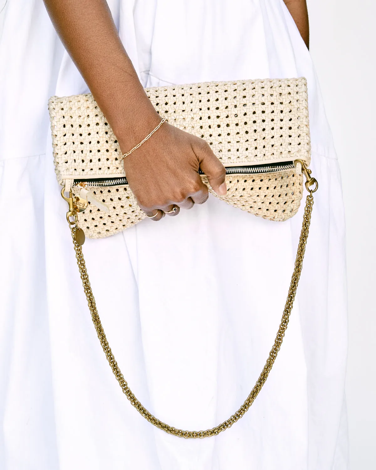 Clare V Foldover Cream Rattan Clutch w/Tabs