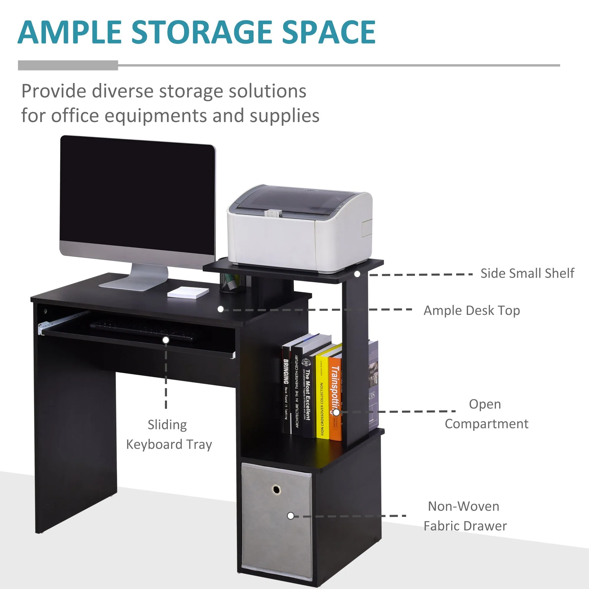 Computer Desk with Sliding Keyboard Tray Storage Drawer Shelf Home Office Workstation Black