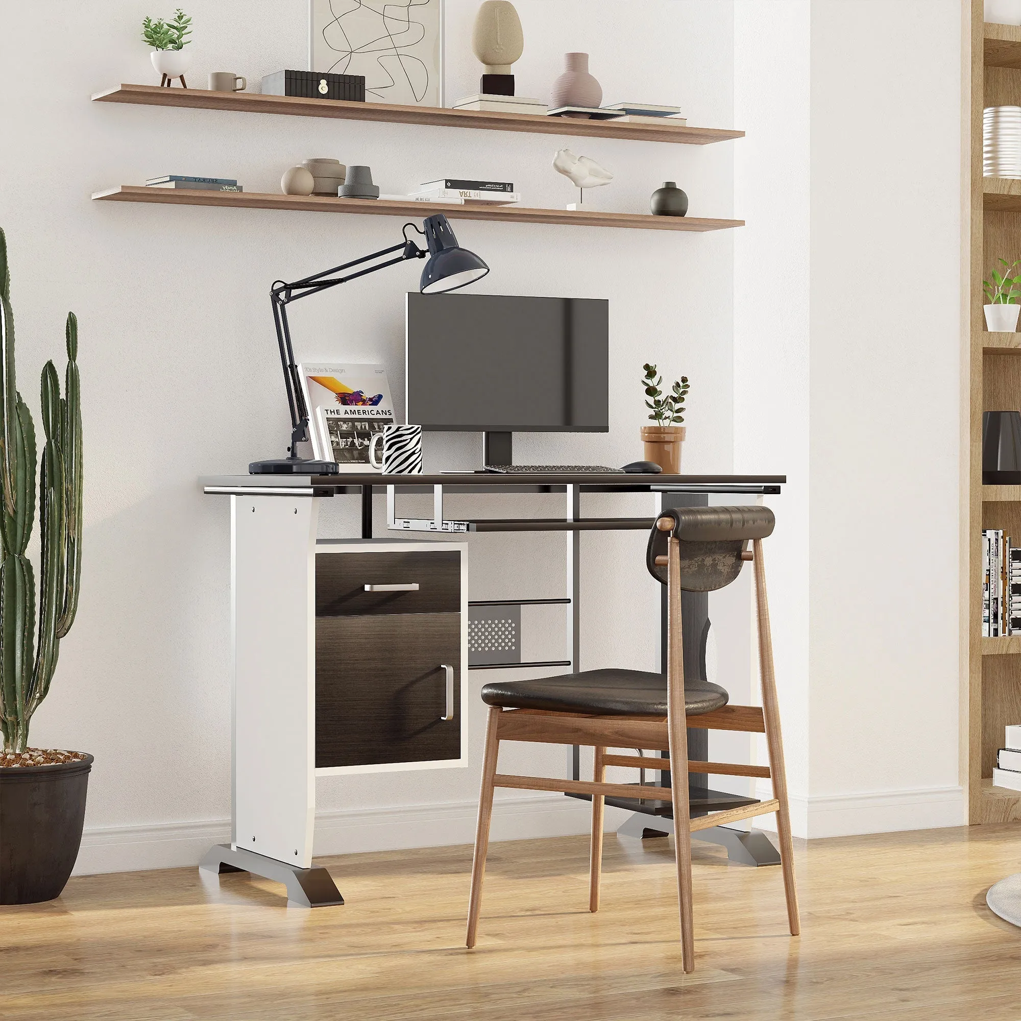 Computer Desk with Sliding Keyboard Tray Storage Drawers and Host Box Shelf Home Office Workstation Black walnut