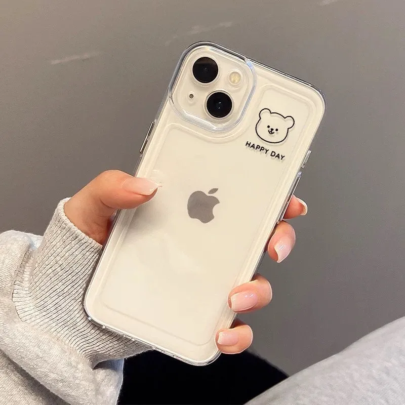 Cute Clear Happy Day Words of Inspiration Cartoon Bear Apple Logo Design Protective Shockproof Phone Case for iPhone 11 12 13 14 15 Pro Max