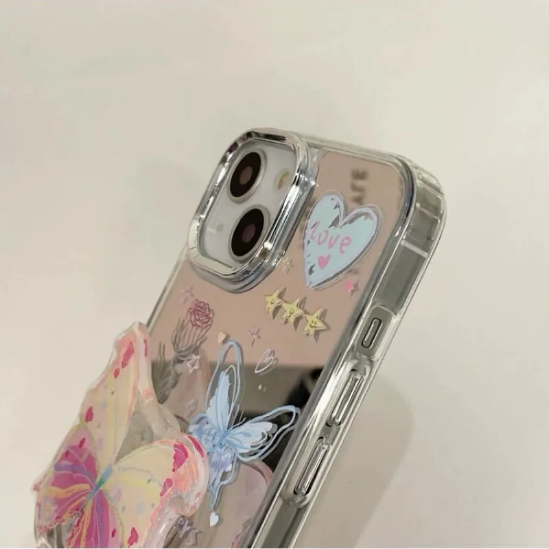 Cute Electroplated Silver Butterfly Heart Doodles Design Protective Shockproof iPhone Case with Pop Up Stand for iPhone 11 12 13 14 Pro Max