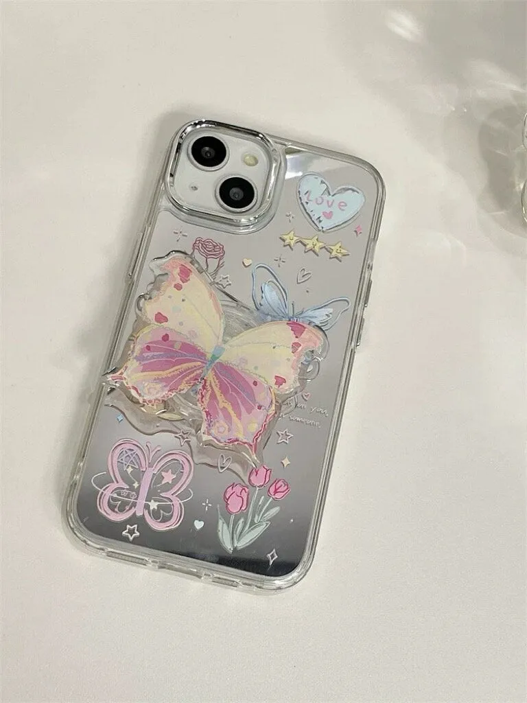 Cute Electroplated Silver Butterfly Heart Doodles Design Protective Shockproof iPhone Case with Pop Up Stand for iPhone 11 12 13 14 Pro Max