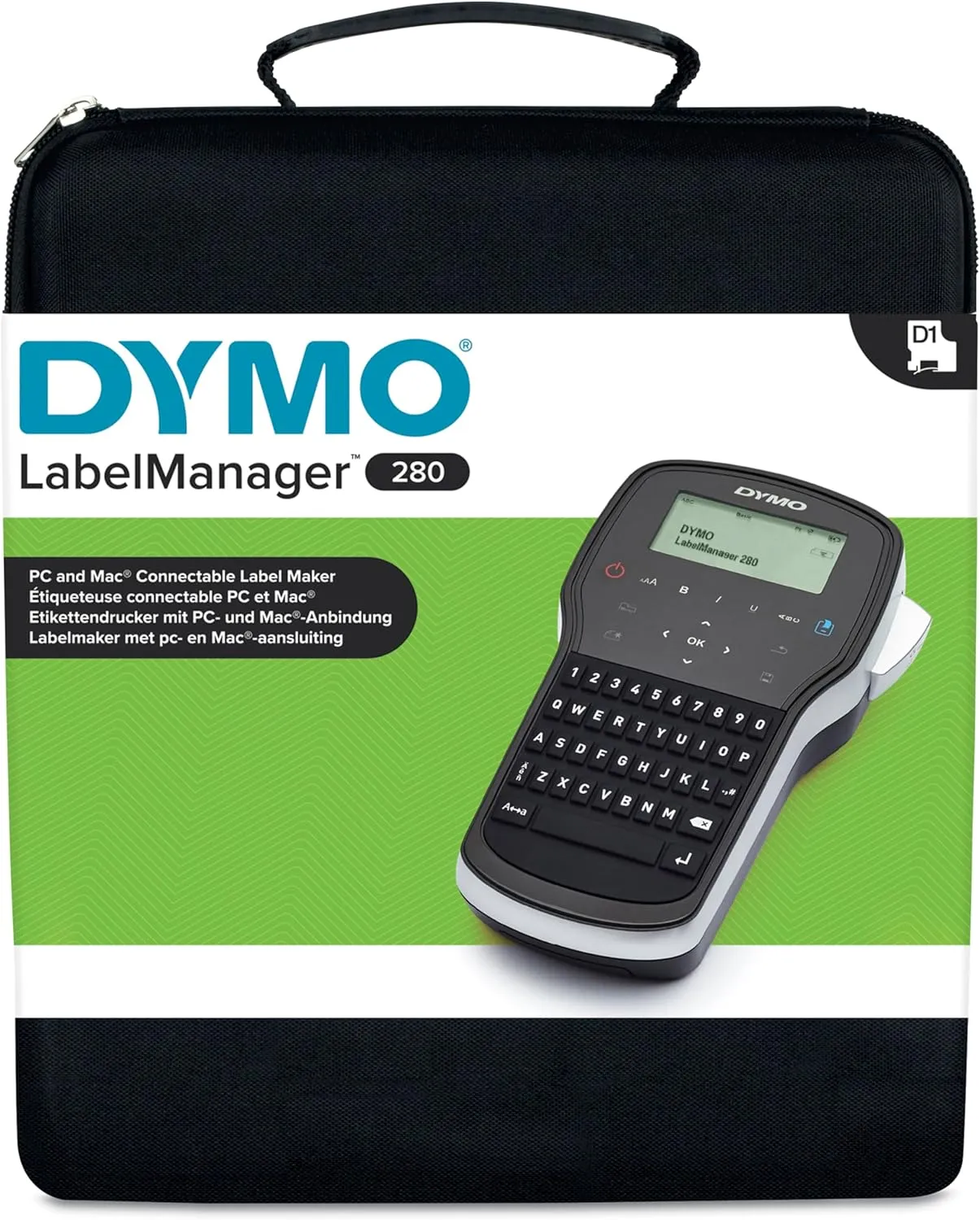 Dymo LabelManager 280 Rechargeable Handheld Label Maker Kit with QWERTY Keyboard, 2 D1 Label Rolls, and Carrying Case