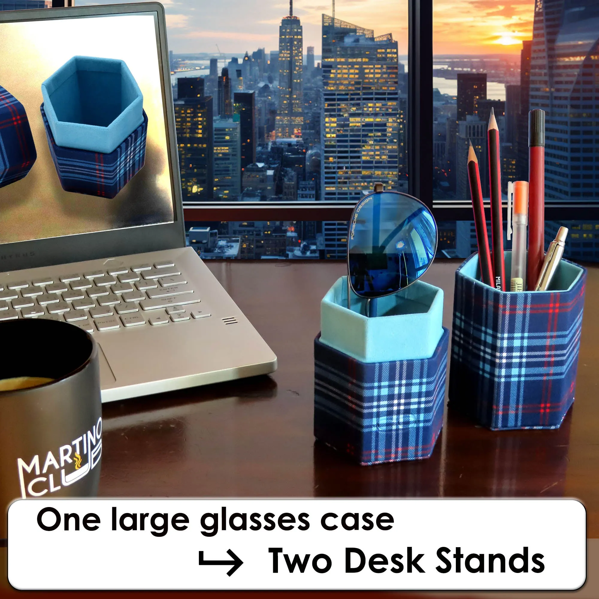 Eyeglass Holder - Sunglasses Travel Case Opens into 2 Glasses Desk Holders - Microfiber Plaid Print with Pouch & Large Cloth (RC490 Plaid Blue)