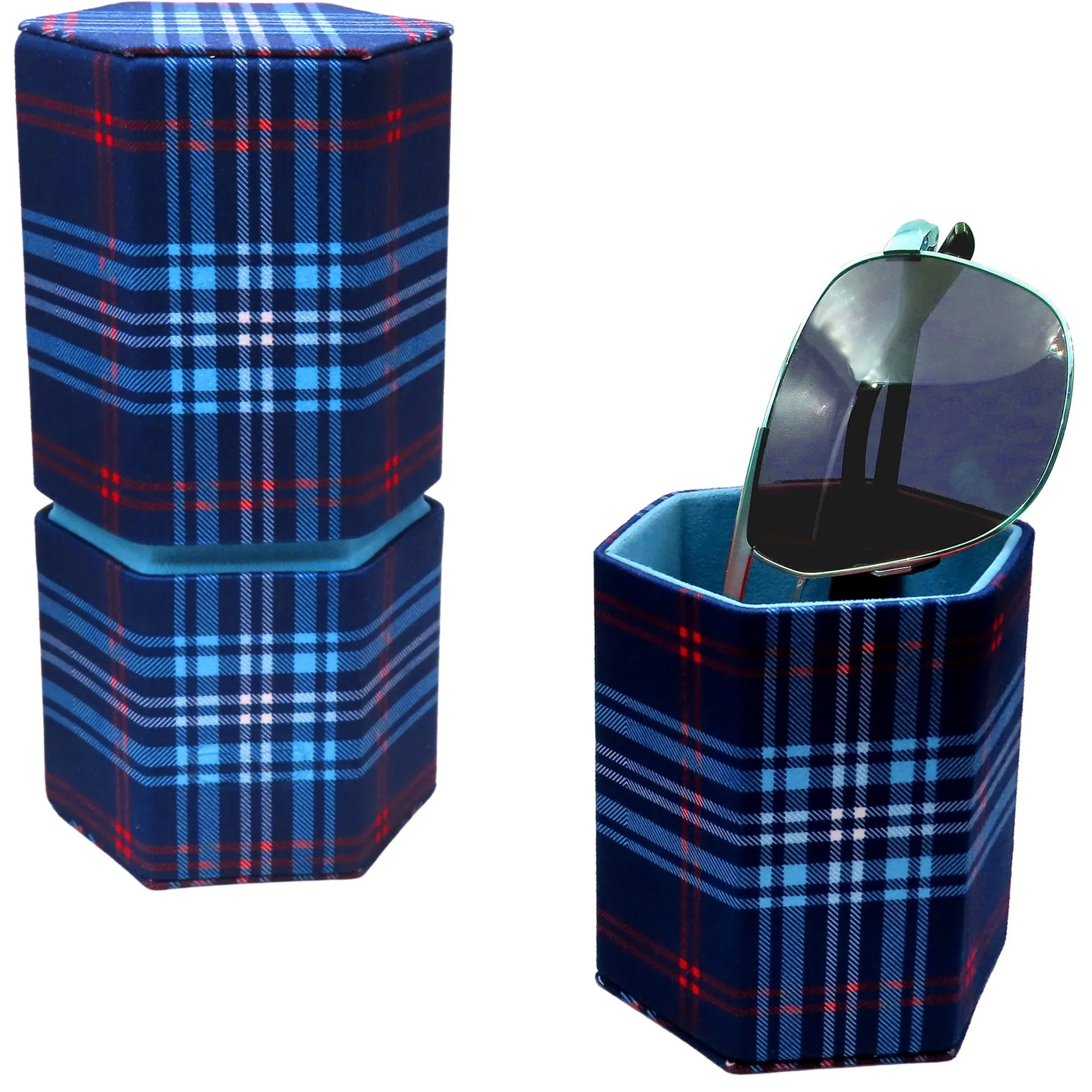 Eyeglass Holder - Sunglasses Travel Case Opens into 2 Glasses Desk Holders - Microfiber Plaid Print with Pouch & Large Cloth (RC490 Plaid Blue)