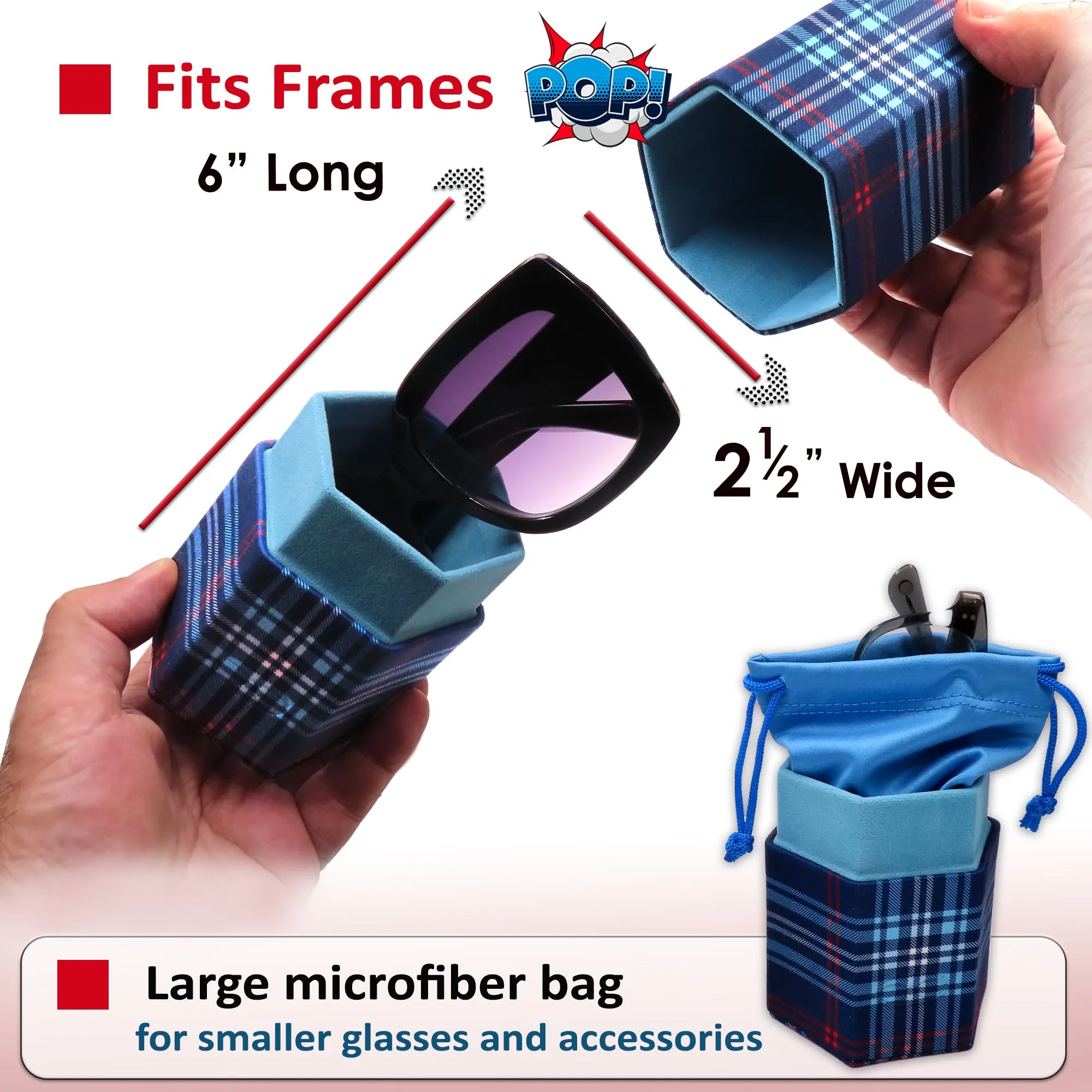 Eyeglass Holder - Sunglasses Travel Case Opens into 2 Glasses Desk Holders - Microfiber Plaid Print with Pouch & Large Cloth (RC490 Plaid Blue)