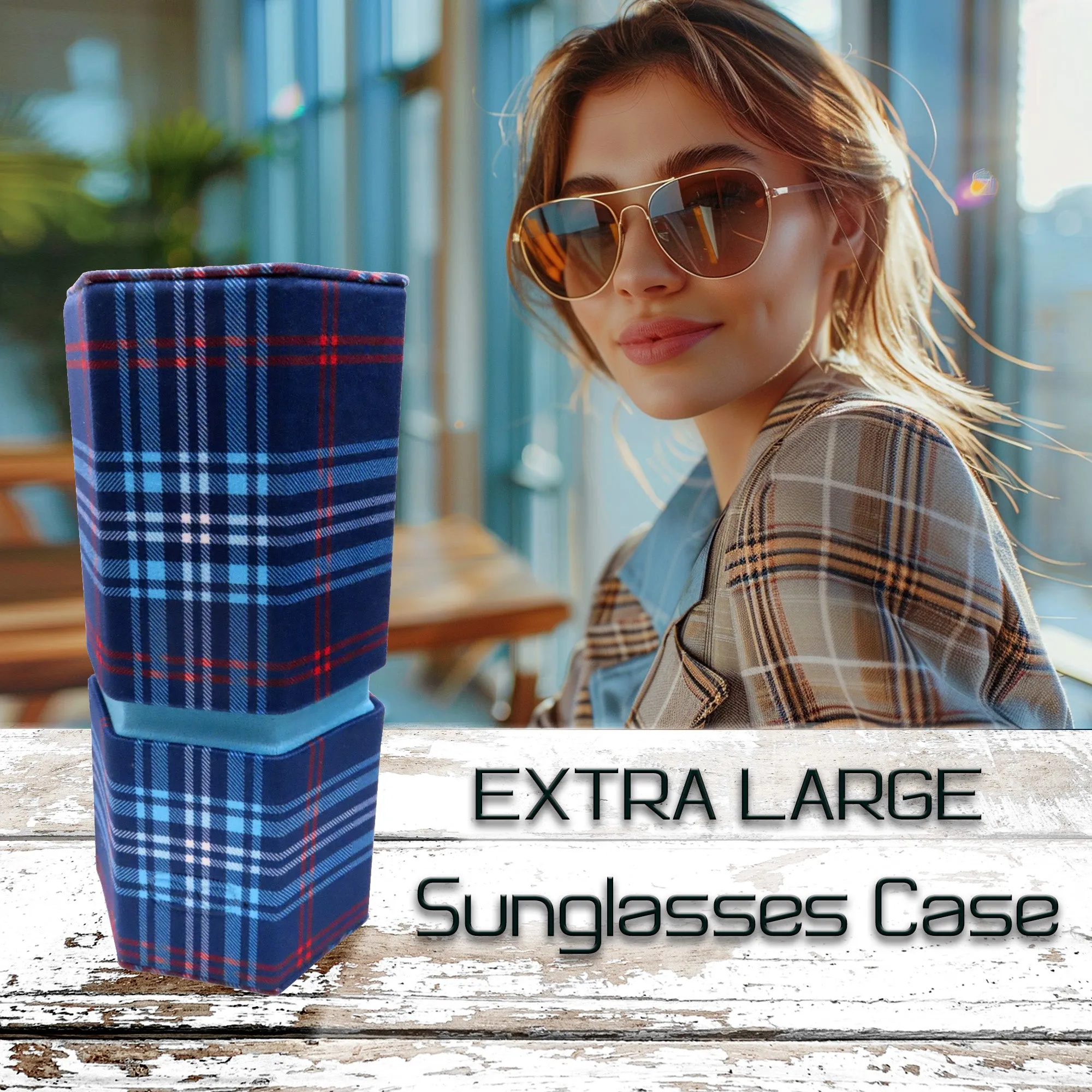 Eyeglass Holder - Sunglasses Travel Case Opens into 2 Glasses Desk Holders - Microfiber Plaid Print with Pouch & Large Cloth (RC490 Plaid Blue)