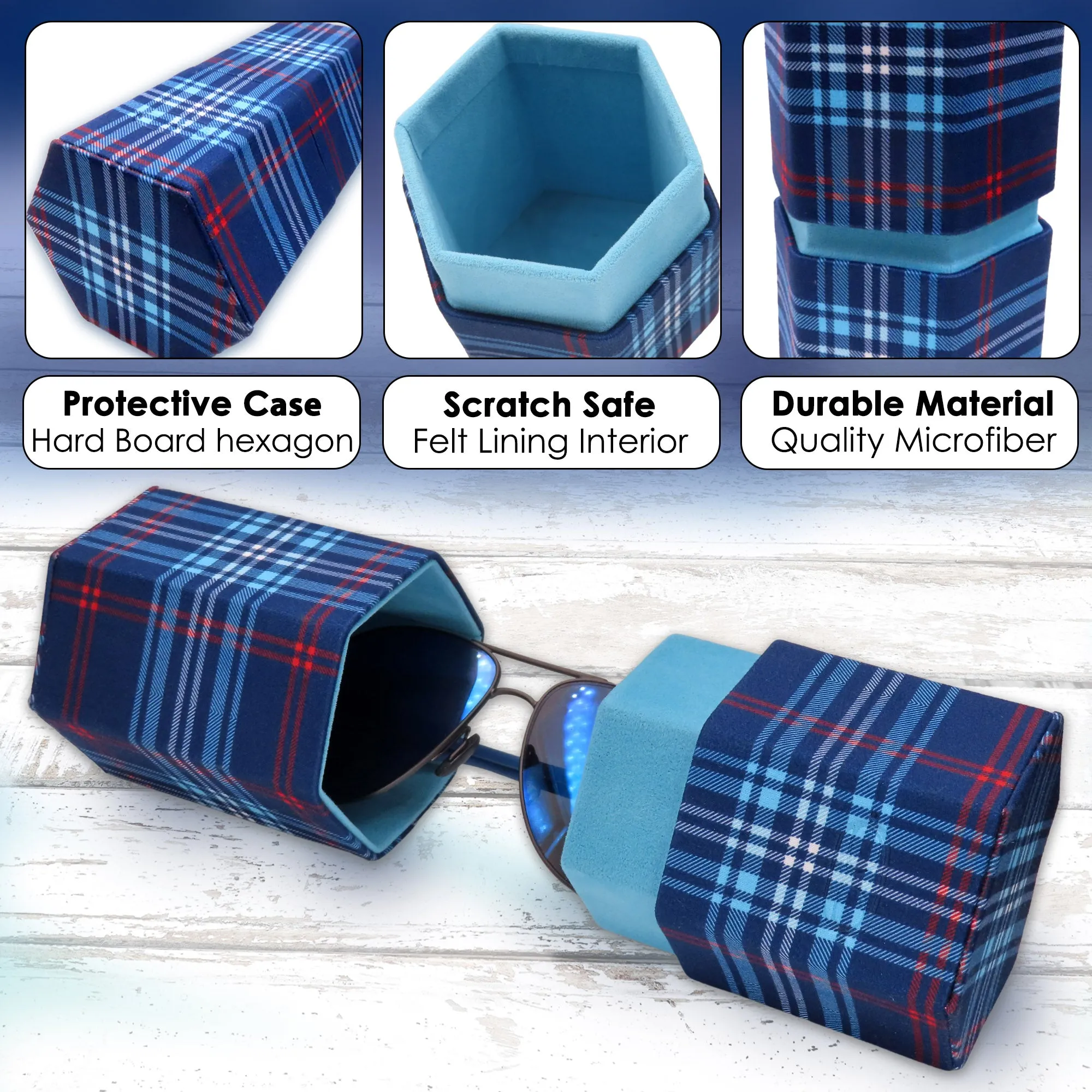 Eyeglass Holder - Sunglasses Travel Case Opens into 2 Glasses Desk Holders - Microfiber Plaid Print with Pouch & Large Cloth (RC490 Plaid Blue)