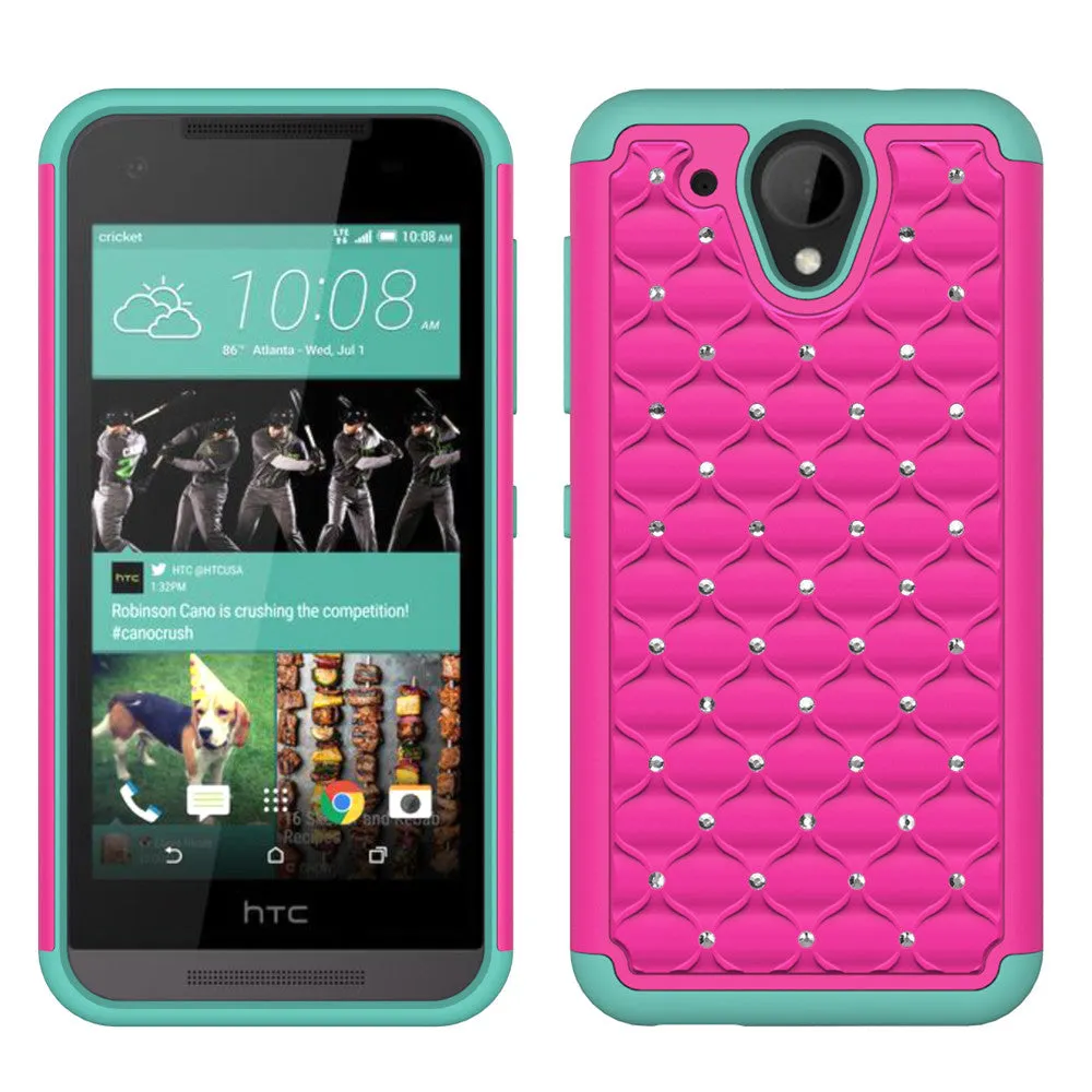 HTC Desire 520 Rhinestone Case , Slim Hybrid Dual Layer[Shock Resistant] Crystal Rhinestone Studded Case Cover - Hot Pink/Teal