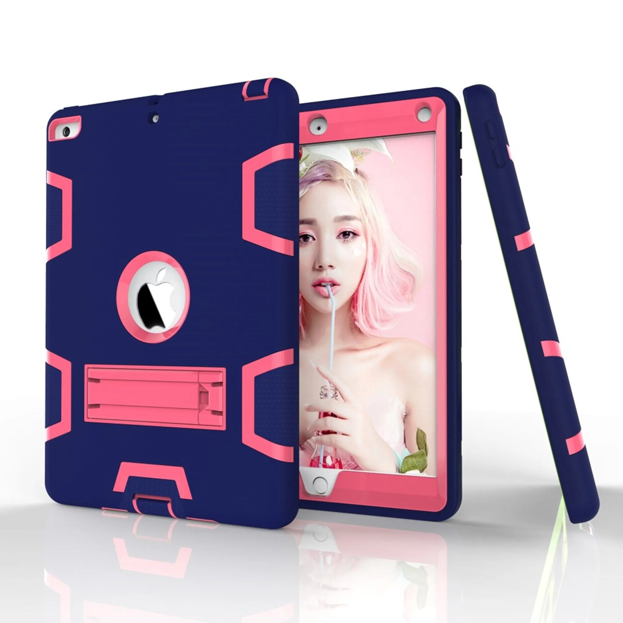 iPad (2017) heavy duty armor silicone case - Dark Blue - Rose