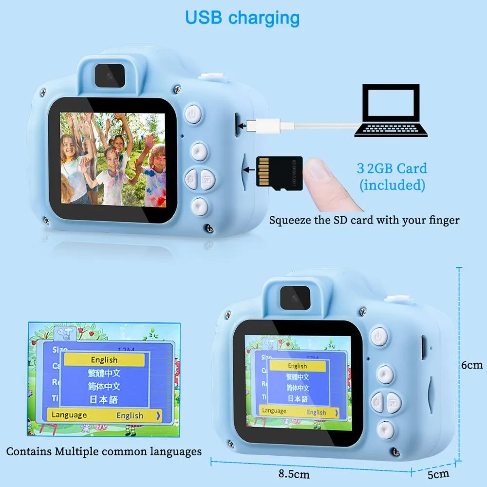 Kids Digital Camera 1080P HD2.0 Inches Color Screen Dual Selfie Video Game Children Camera 600mah battery Toy Gifts for Children