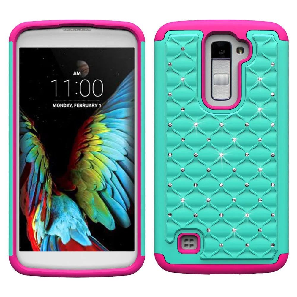 LG K10 / LG Premier LTE Rhinestone Case , Slim Hybrid Dual Layer[Shock Resistant] Crystal Rhinestone Studded Case Cover - Teal/Hot Pink