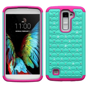 LG K10 / LG Premier LTE Rhinestone Case , Slim Hybrid Dual Layer[Shock Resistant] Crystal Rhinestone Studded Case Cover - Teal/Hot Pink