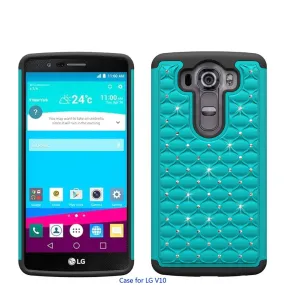 LG V10 Case , Slim Hybrid Dual Layer[Shock Resistant] Crystal Rhinestone Studded Case Cover - Teal/Black