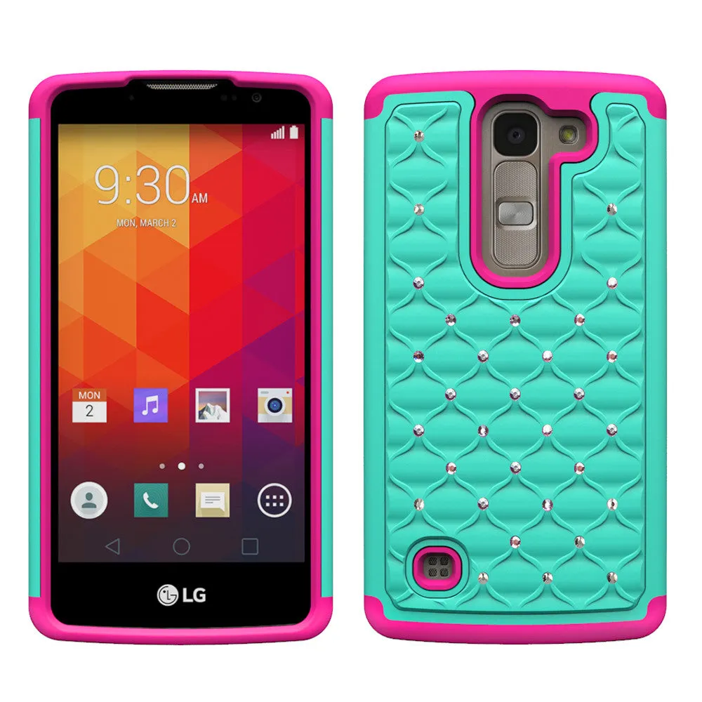 LG Volt2 Case,  LG LS751 Rhinestone Case , Slim Hybrid Dual Layer[Shock Resistant] Crystal Rhinestone Studded Case Cover - Teal/Hot Pink