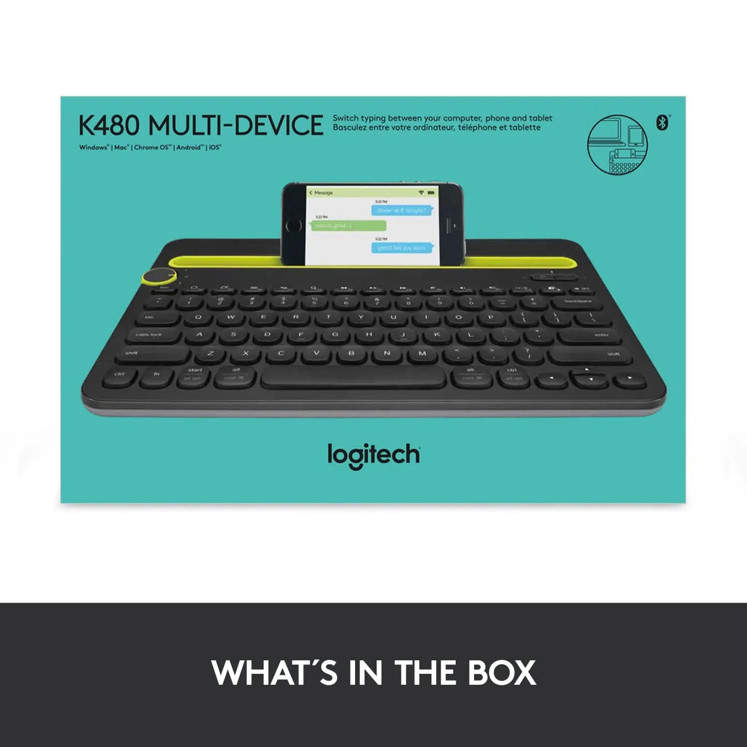 LOGITECH K480 WIRELESS MULTI-DEVICE KEYBOARD FOR WINDOWS, APPLE IOS ANDROID OR CHROME, WIRELESS BLUETOOTH, COMPACT SPACE-SAVING DESIGN, PC/MAC/LAPTOP/SMARTPHONE/TABLET