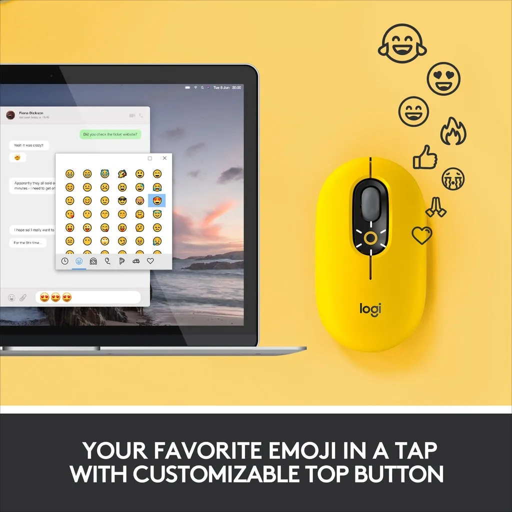 Logitech POP Mouse, Wireless Customisable Emojis, SilentTouch Technology, Precision Scroll, Bluetooth USB Multi-device