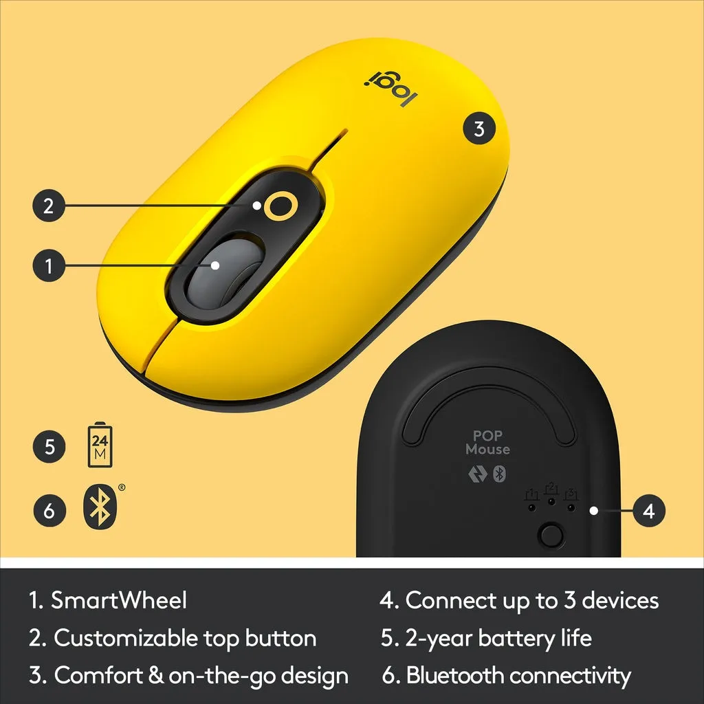 Logitech POP Mouse, Wireless Customisable Emojis, SilentTouch Technology, Precision Scroll, Bluetooth USB Multi-device