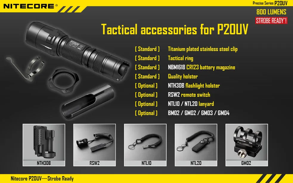 Nitecore Precise Series P20UV 1 x 18650 / 2 x CR123A CREE XM-L2 T6 800 Lumen LED Flashlight with Secondary UV LEDs