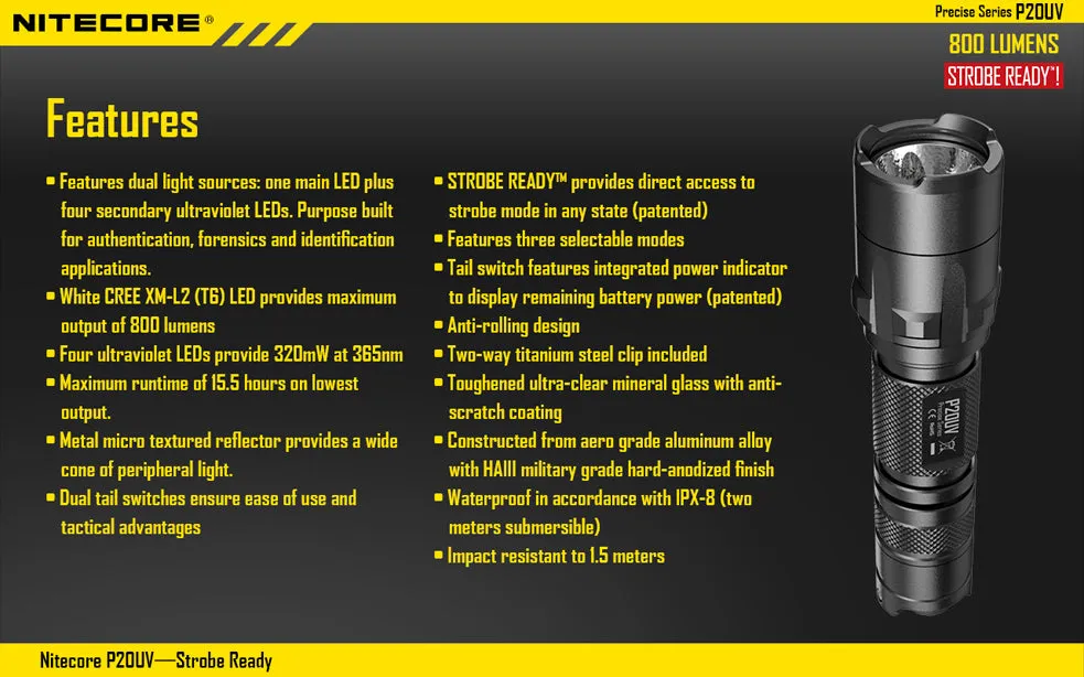 Nitecore Precise Series P20UV 1 x 18650 / 2 x CR123A CREE XM-L2 T6 800 Lumen LED Flashlight with Secondary UV LEDs