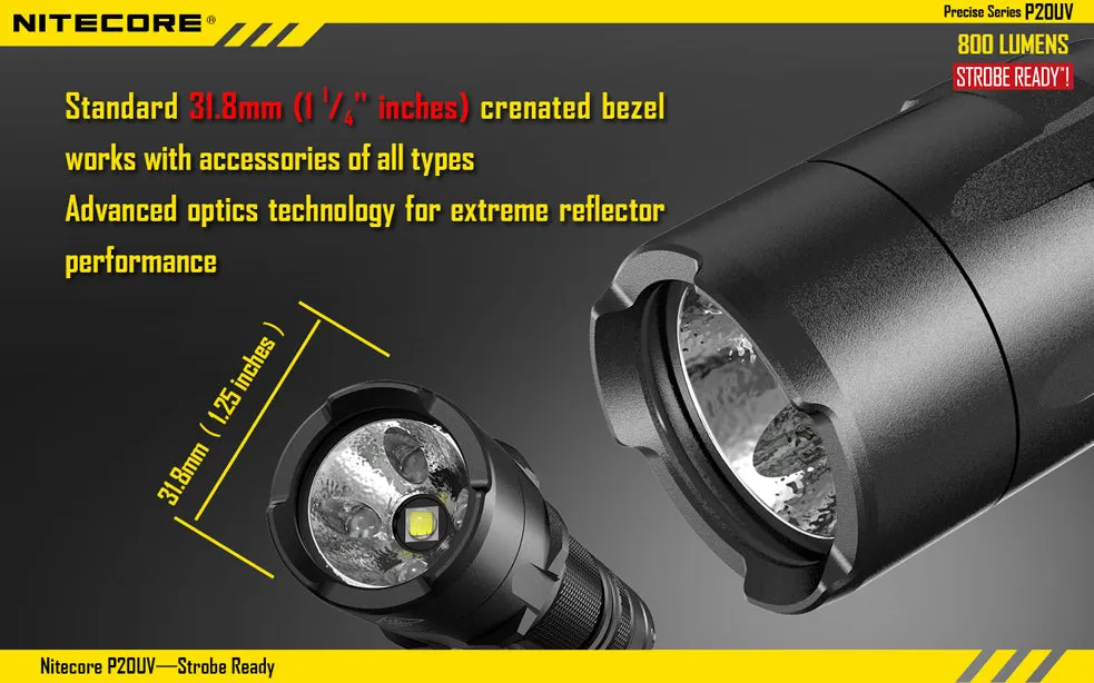 Nitecore Precise Series P20UV 1 x 18650 / 2 x CR123A CREE XM-L2 T6 800 Lumen LED Flashlight with Secondary UV LEDs