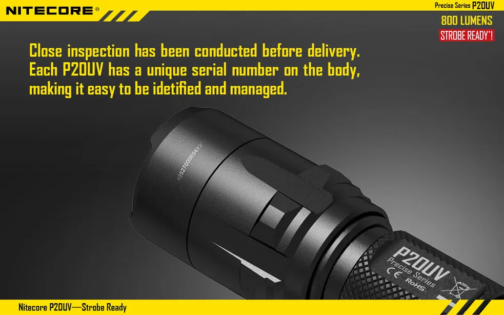 Nitecore Precise Series P20UV 1 x 18650 / 2 x CR123A CREE XM-L2 T6 800 Lumen LED Flashlight with Secondary UV LEDs