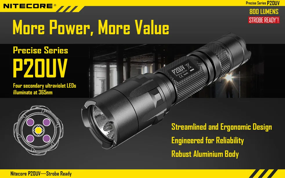 Nitecore Precise Series P20UV 1 x 18650 / 2 x CR123A CREE XM-L2 T6 800 Lumen LED Flashlight with Secondary UV LEDs