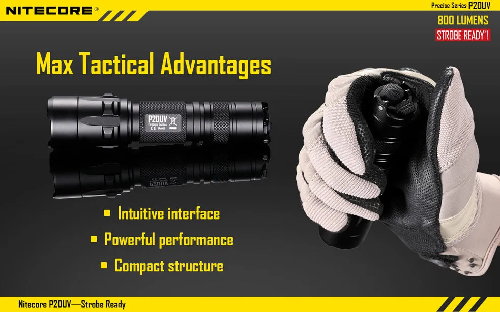 Nitecore Precise Series P20UV 1 x 18650 / 2 x CR123A CREE XM-L2 T6 800 Lumen LED Flashlight with Secondary UV LEDs