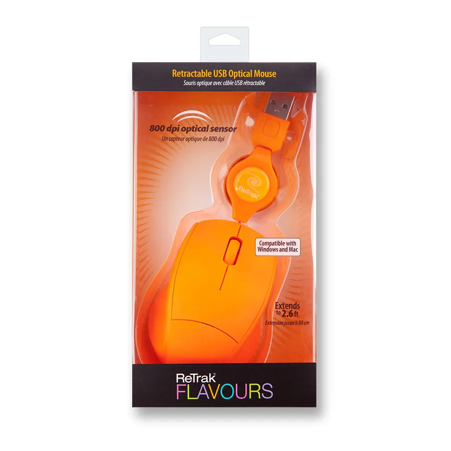 Optical Computer Mouse | Retractable Mouse Cord | Orange