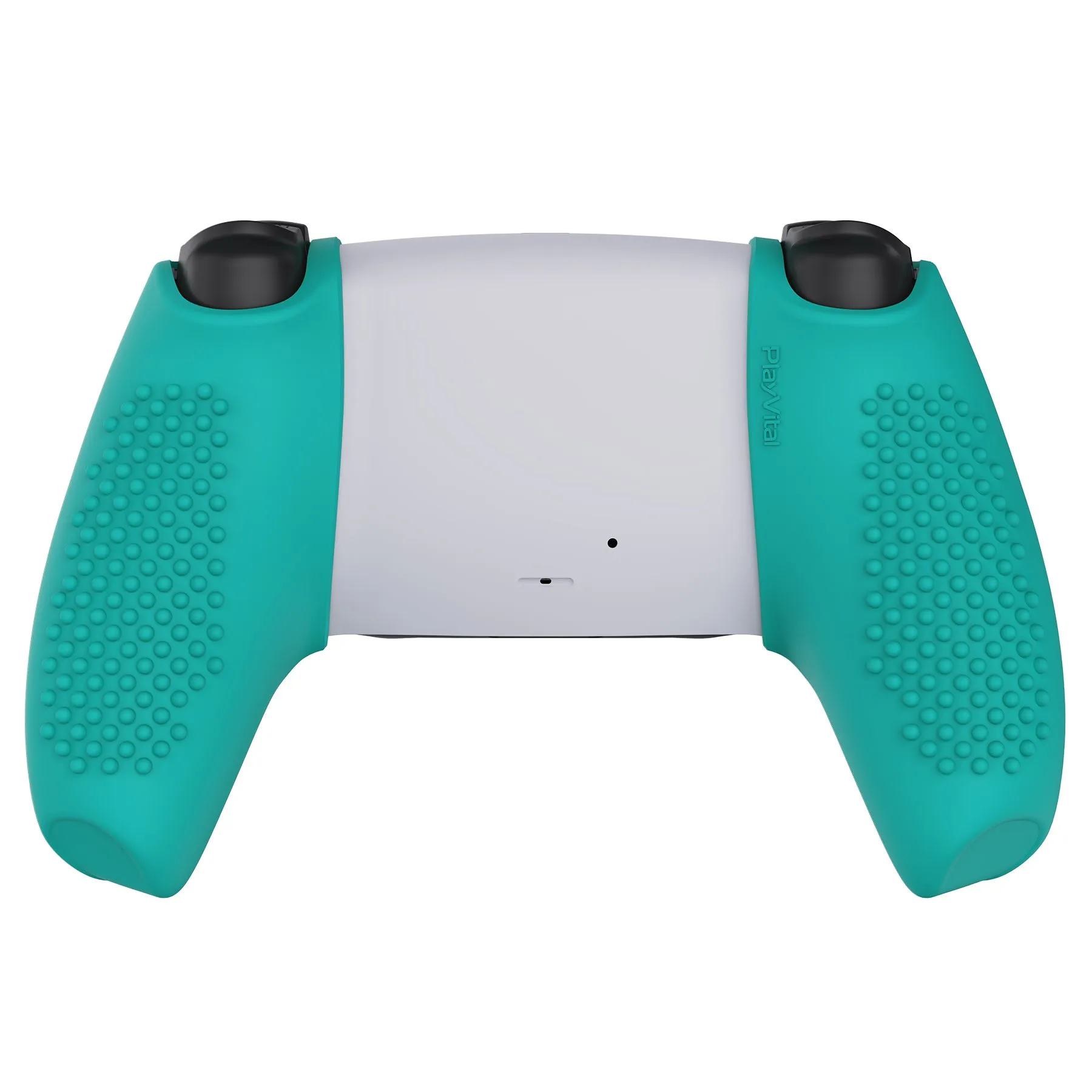 PlayVital 3D Studded Edition Aqua Green Ergonomic Soft Controller Silicone Case Grips for PS5, Rubber Protector Skins with 6 White Thumbstick Caps for PS5 Controller – Compatible with Charging Station - TDPF020