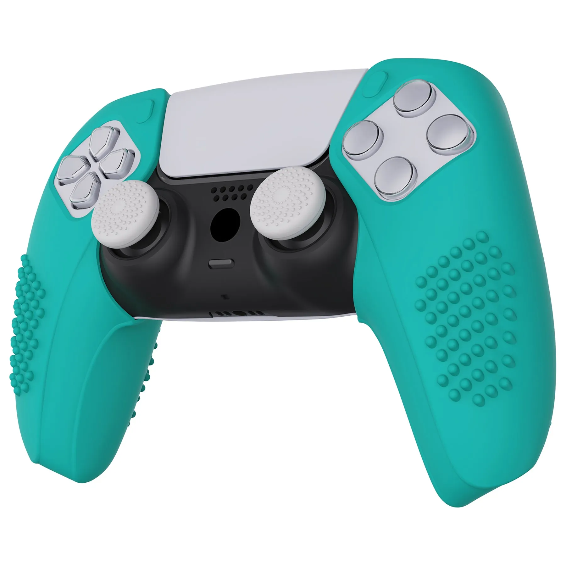 PlayVital 3D Studded Edition Aqua Green Ergonomic Soft Controller Silicone Case Grips for PS5, Rubber Protector Skins with 6 White Thumbstick Caps for PS5 Controller – Compatible with Charging Station - TDPF020