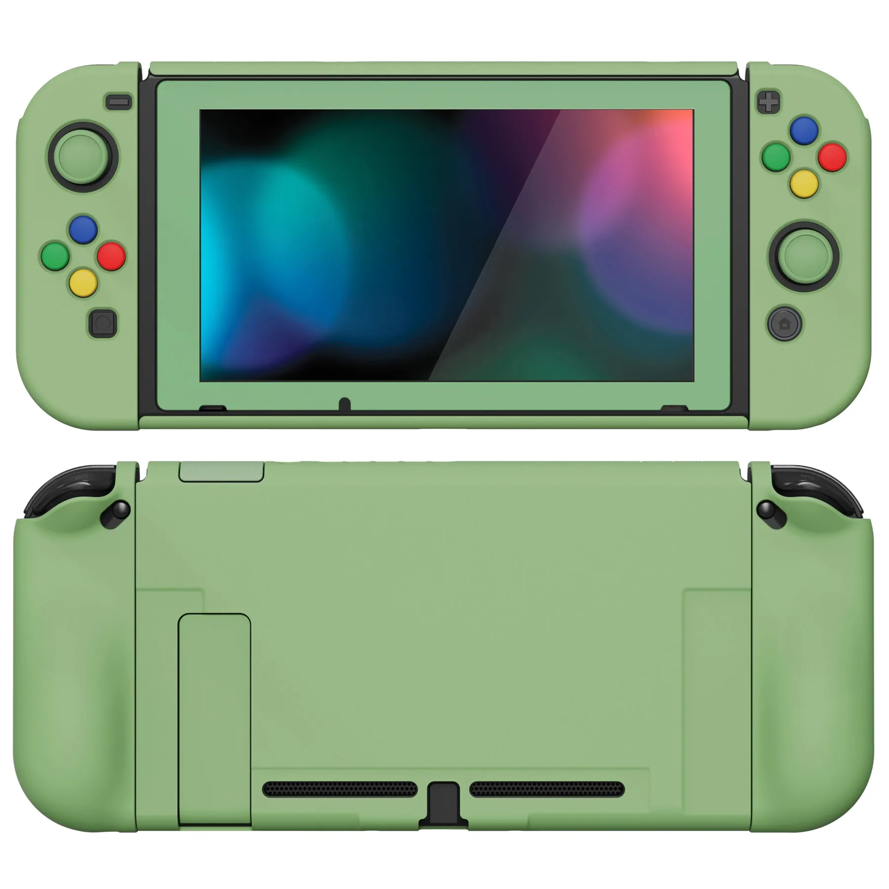 PlayVital AlterGrips Dockable Protective Case Ergonomic Grip Cover for Nintendo Switch, Interchangeable Joycon Cover w/Screen Protector & Thumb Grip Caps & Button Caps - Matcha Green - TNSYP3005