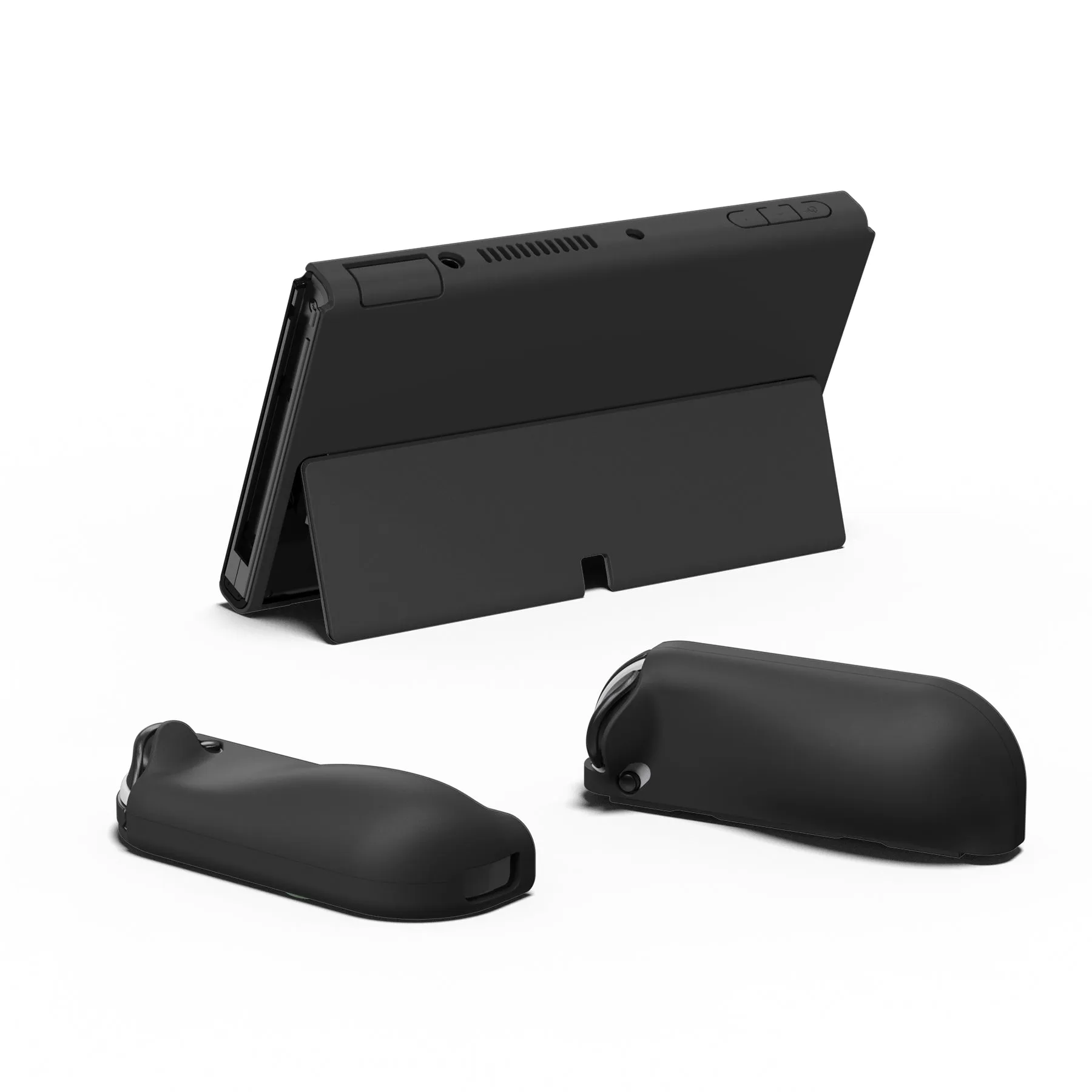 PlayVital AlterGrips Glossy Protective Slim Case for Nintendo Switch OLED, Ergonomic Grip Cover for Joycon, Dockable Hard Shell for Switch OLED w/Thumb Grip Caps & Button Caps - Black - JSOYP3011