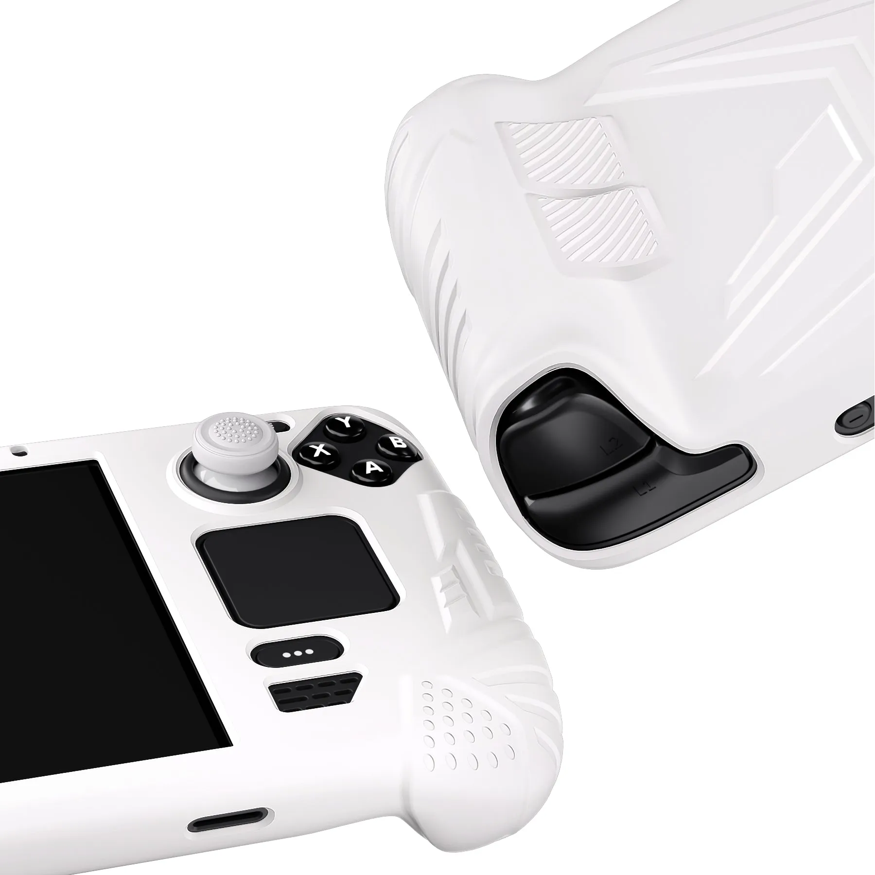 PlayVital Armor Series Protective Case for Steam Deck LCD, Soft Cover Silicone Protector for Steam Deck with Back Button Enhancement Designed & Thumb Grips Caps - White - XFSDP002