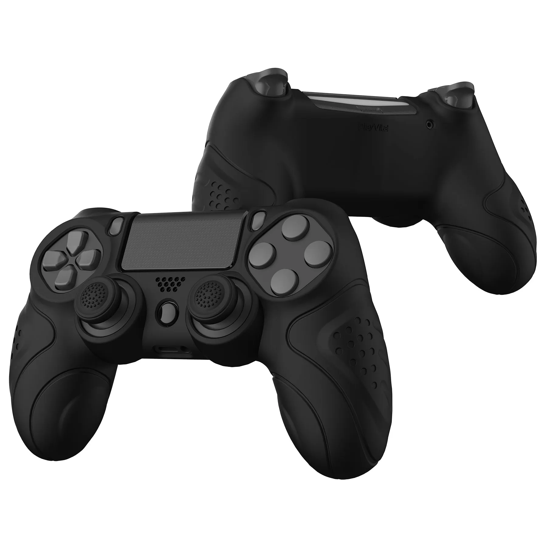 PlayVital Guardian Edition Black Ergonomic Soft Anti-Slip Controller Silicone Case Cover for PS4, Rubber Protector Skins with Black Joystick Caps for PS4 Slim PS4 Pro Controller - P4CC0059